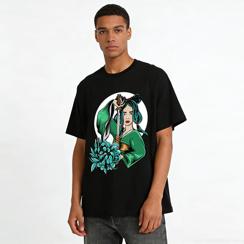 Vintage Japanese Style Sword Girl Print T-shirt Samurai Themed Top Pure cotton T-shirt