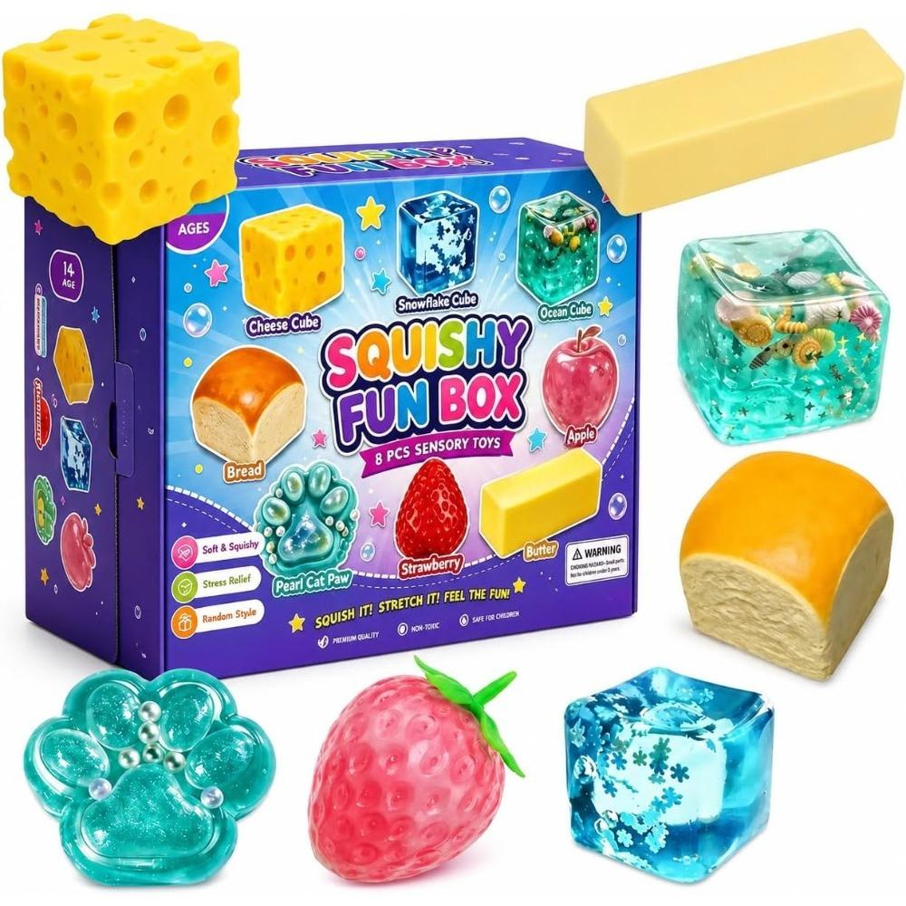 8-Piece Mystery Box Set Slow-Rising Stress Relief Fidget Sensory Squishy Bundle with 8 Unique Styles for Stress Relief Gift