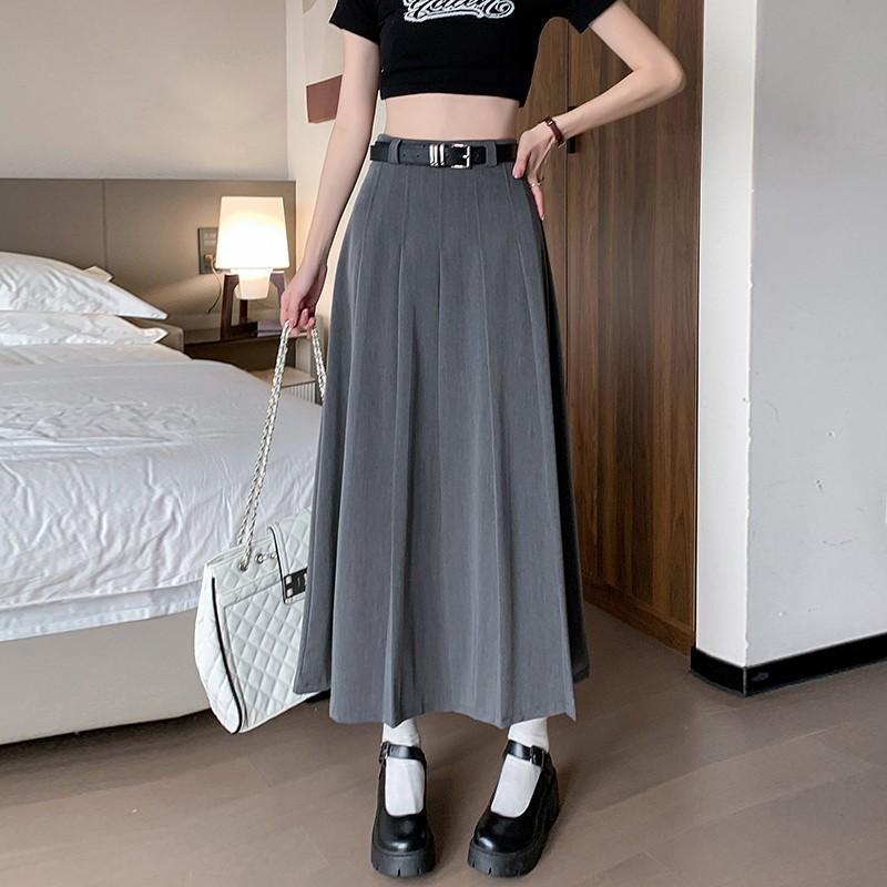 2024 New High-end Gray Suit Pleated Skirt for Women's Summer High-waisted A-word Medium and Long Skirt for Small People