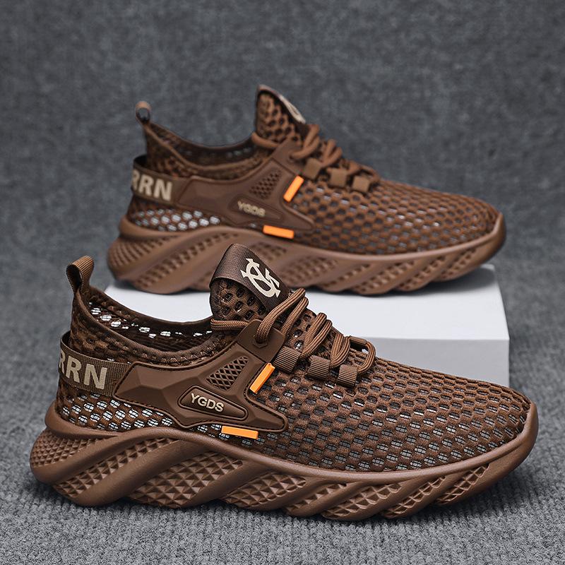 Summer New Fashion Solid Color Versatile Low-top Lace-up Casual Shoes Mesh Large Mesh Breathable Sports Running Men's Shoes