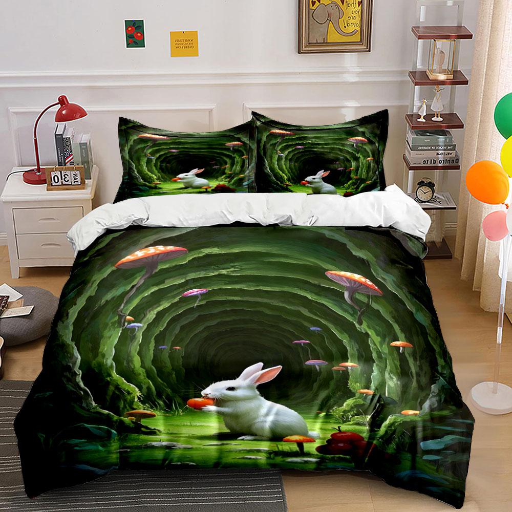 White Rabbit In Enchanted Forest Bedding Duvet Cover Set Duvet Cover Pillowcases (1 * Duvet Cover 2 * Pillowcases, Without Duvet Insert)