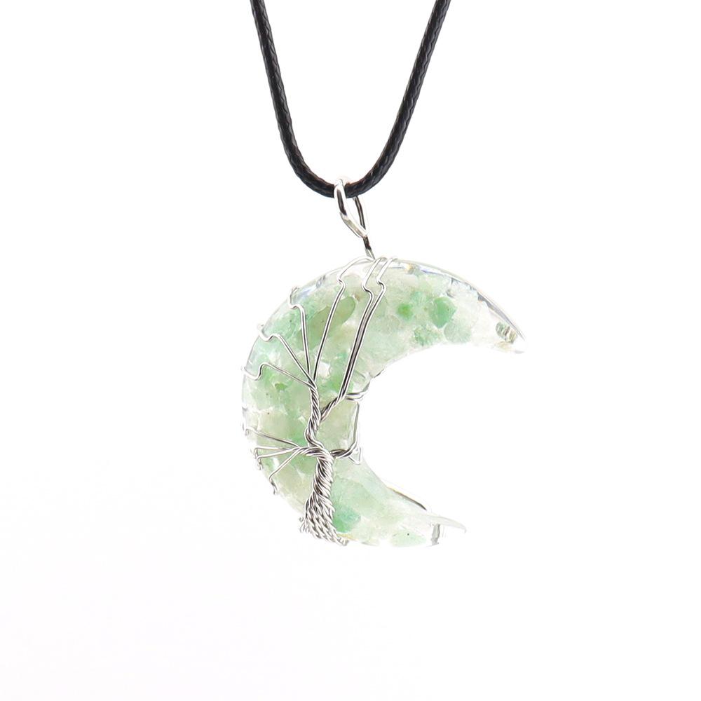 Chakela Crescent Moon Tree of Life Pendant with Natural Crystal Stone and Resin Wrap