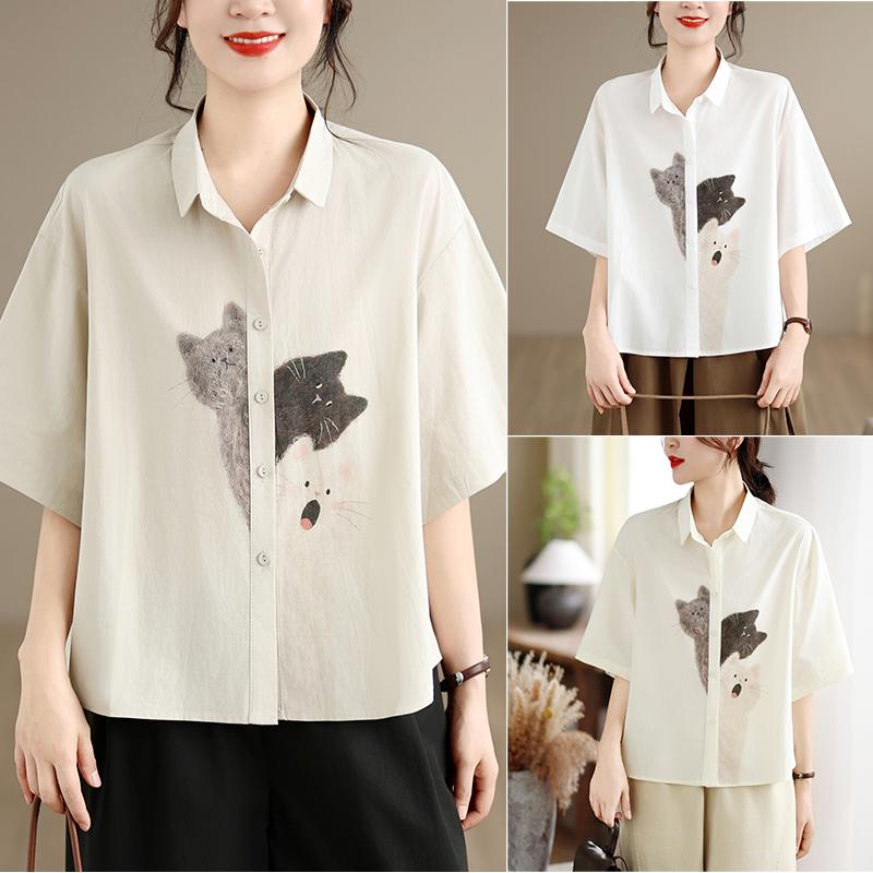 DIMANAF 2026 Women Plus Size New Summer Blouse Shirt Short Sleeve Cotton Print Casual Loose Lady Tops Shirts
