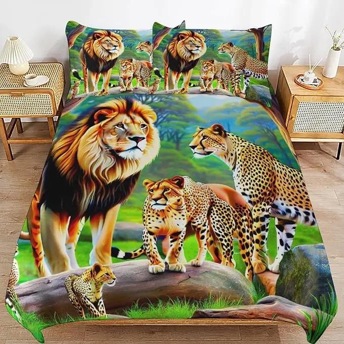 Wild Dieren Dekbedovertrek Set, Leeuw En Tijger Dekbedovertrek, Zachte Ademende Microvezel Beddengoed Sets Met Kussenslopen Met Ritsluiting 100x135cm-2pcs