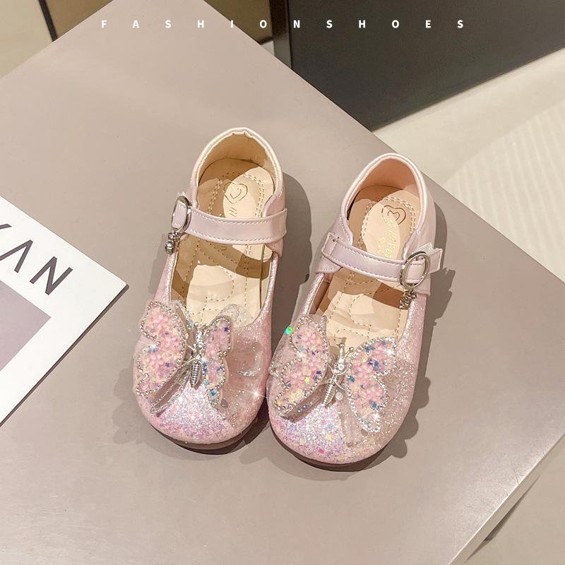 

2025 spring and autumn new girls leather shoes bow children s performance shoes fashion rhinestone sequined princess shoes single shoes 21-25 yards whole box 50 pairs starting розовый
