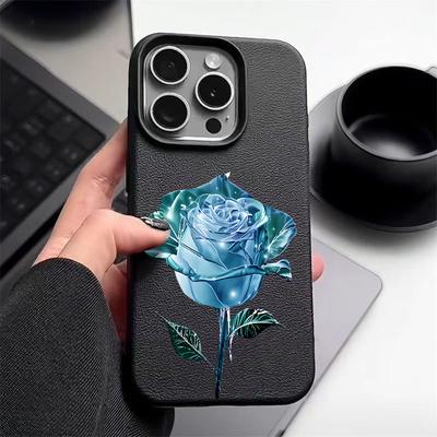 Blue Crystal Rose Pattern Leather Texture Phone Case for iPhone 16 Pro 15 14 13 12 Pro Max 11 Shockproof Tpu Soft Matte Slim Cover