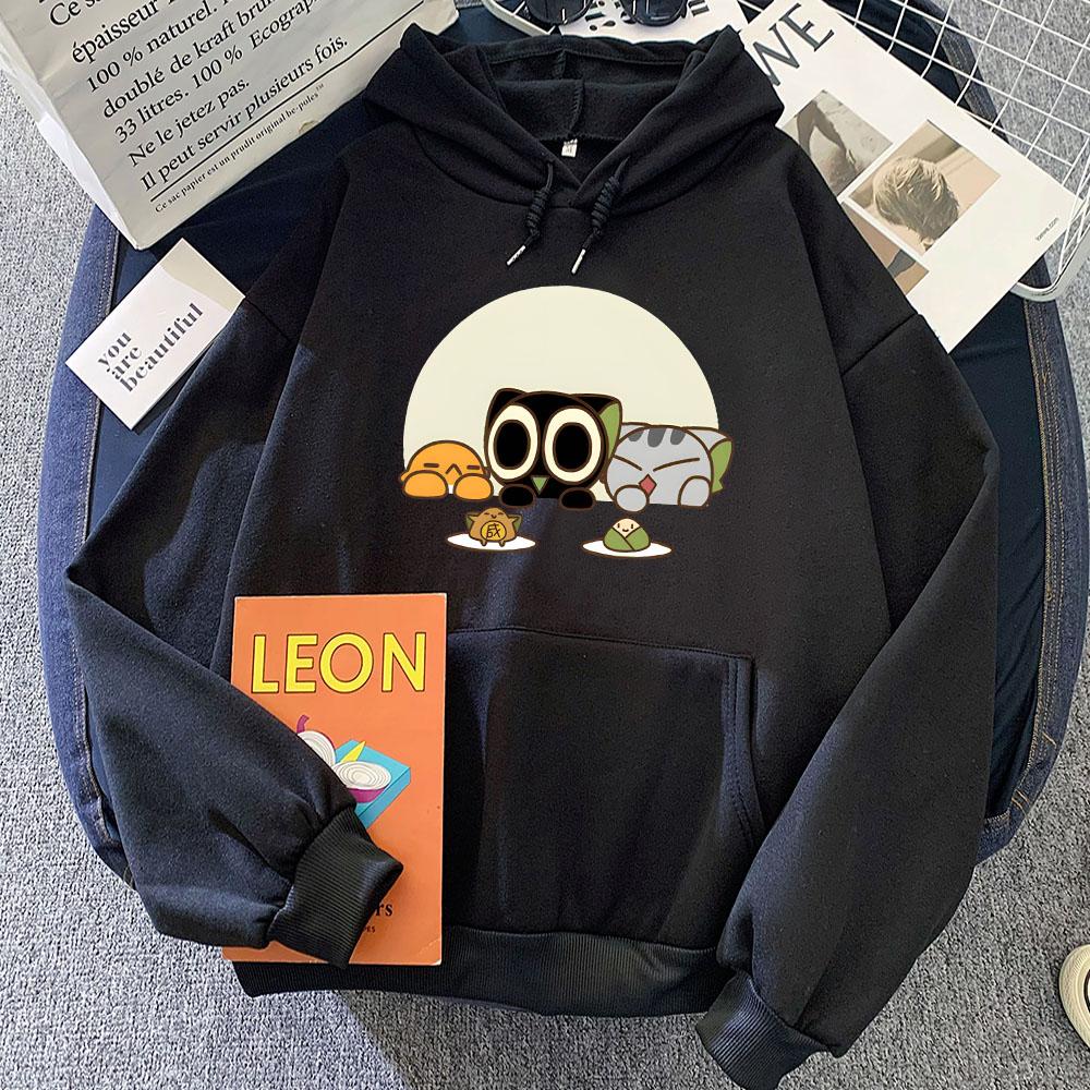 Luo Xiao Hei Cat Cartoon Printing Hoodies Winter Fleece Kawaii Printing Sweatshirts Streetwear Women Comfortable Pullover