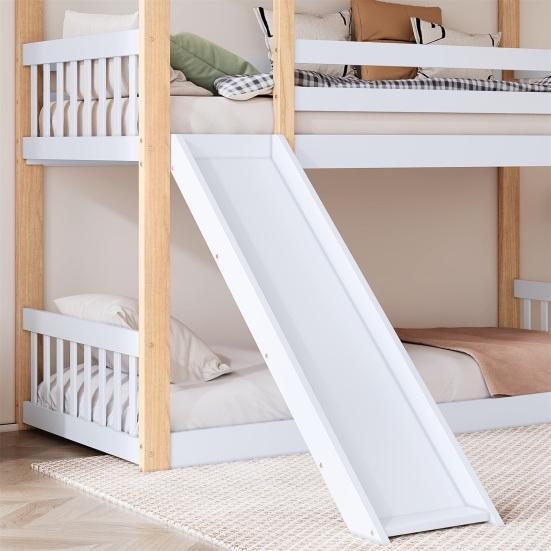 Bunk Bed with Fence Anti-fall Device Characteristic Windows Ladder Wood Frame Family Loft Bed Home