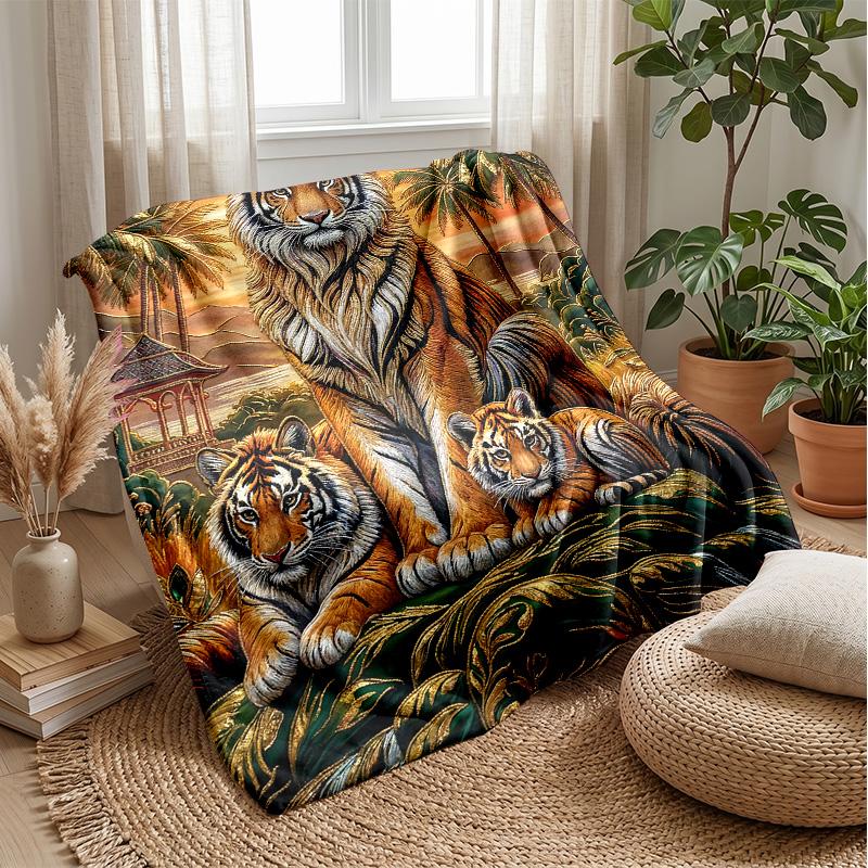Tiger Family Sunset 1 Theme blanket Lightweight Warm Flannel Blanket Decorative Throw Blanket for Home Decoration