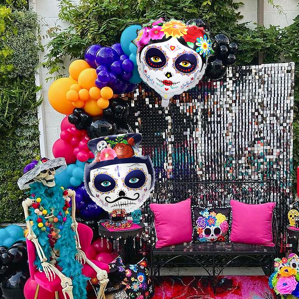 2 Stück Zuckerschädel Aluminiumfolienballons für Braut und Bräutigam, Tag der Toten Halloween Blumen-Schädel Partydekorationszubehör