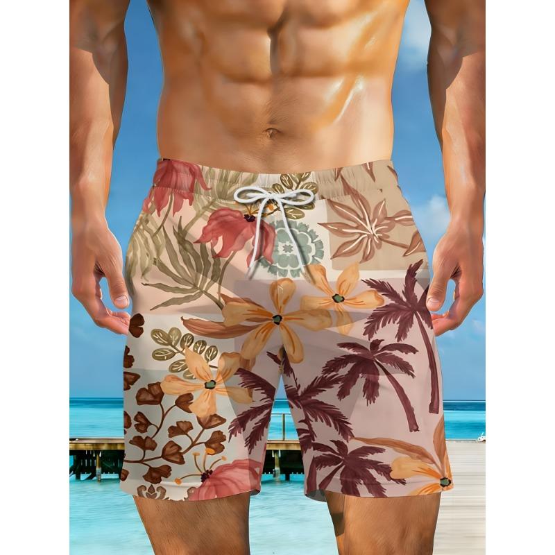 Men's Hawaiian Tropical Print Beach Shorts Palm Tree Pineapple Starfish Drawstring Waist Quick Dry Swim Trunks