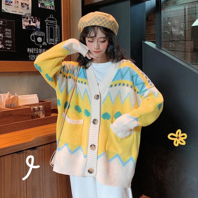 V-neck color lazy style Korean thick loose cardigan, autumn and winter new ladies gentle and cute sweater jacket 6010