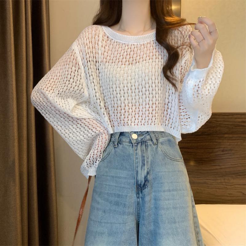 Long Sleeve Hollow Out Short Top Women Summer Dopamine Thin Sun Protection Cover Up Waist Fitted T Shirt Knitwear