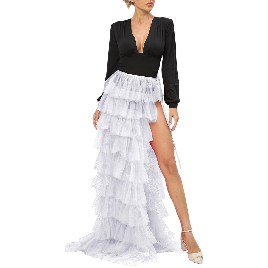Women Tulle Tutu Long Skirt Multi-layer Ruffled Elastic Slit Mesh Cocktail Party Skirt for Beach Streetwear