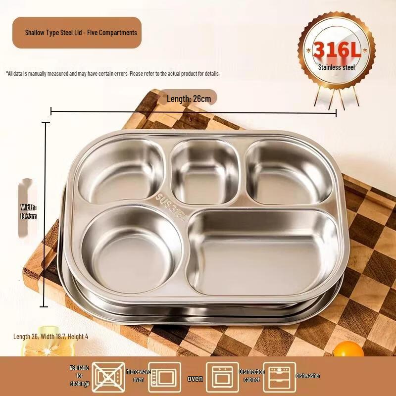 HANDUNYOU 316L Stainless Steel 5-Compartment Cafeteria Tray with Lid