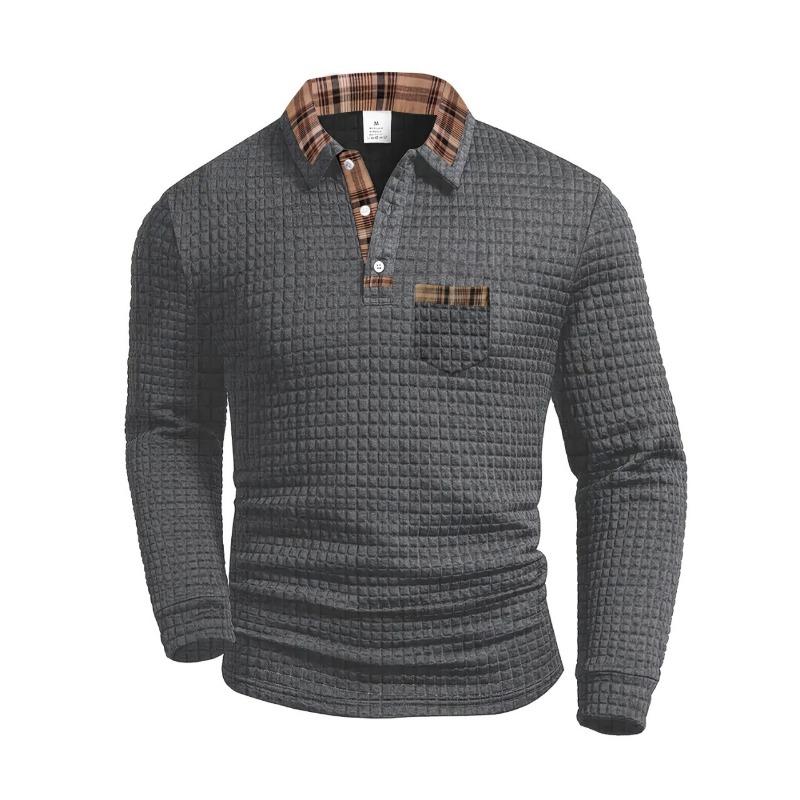 New Spring and Autumn Men's Casual Solid Color Plaid Patchwork Pocket Lapel Long-sleeved Sports Polo Shirt