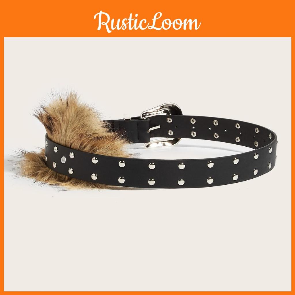 Waistband Rivet Decorative With Artificial Fur Design And Carved Buckle Needle