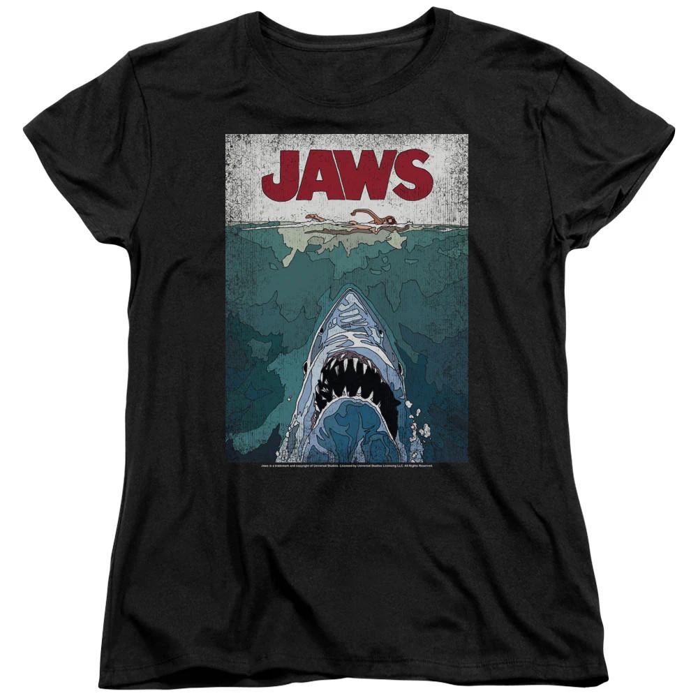 Jaws Lined Poster Womens T Shirt Black Unisex T-Shirt L