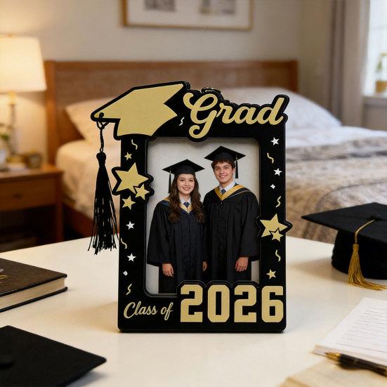 Wooden Photo Frame, Standard Size Graduation Picture Display, Black Gold with Rear Stand, Grad 2026 Picture Holder for Graduation Keepsake