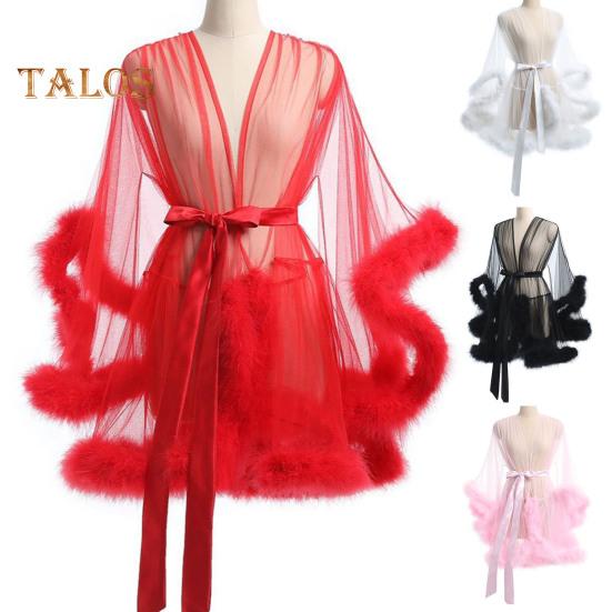 Lady Nightgown Plush Trim Ultra Thin See-through Mesh Ruffle with Adjustable Waist Tie Solid Color Pleated Slutty Pajama Party Wear Sleepwear
