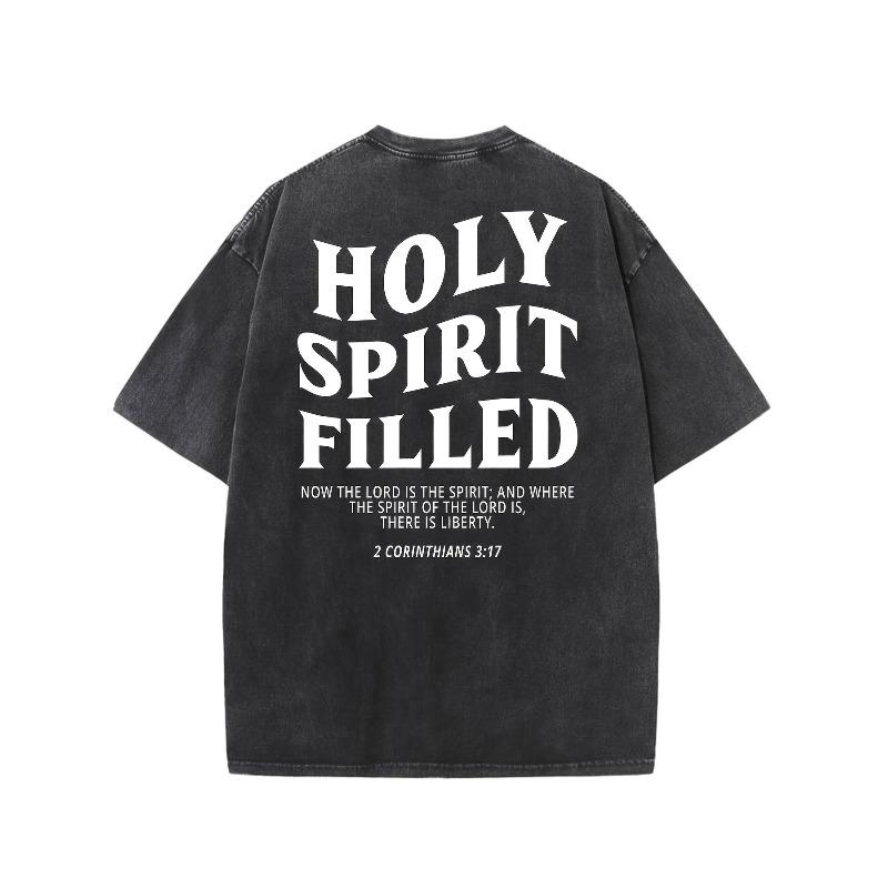 European Size Holy Spirit Full of Retro Washed High-Quality Pattern T-Shirts, Men'S T-Shirts, Old Summer Clothing, Shoulder Sleeves, Crew Neck Tops