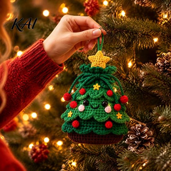Holiday Home Decor DIY Christmas Crochet Gift Bag Material Kit for Beginners, Handmade Knitted Decoration Bag, Creative Xmas Tree/Elf/Nutcracker
