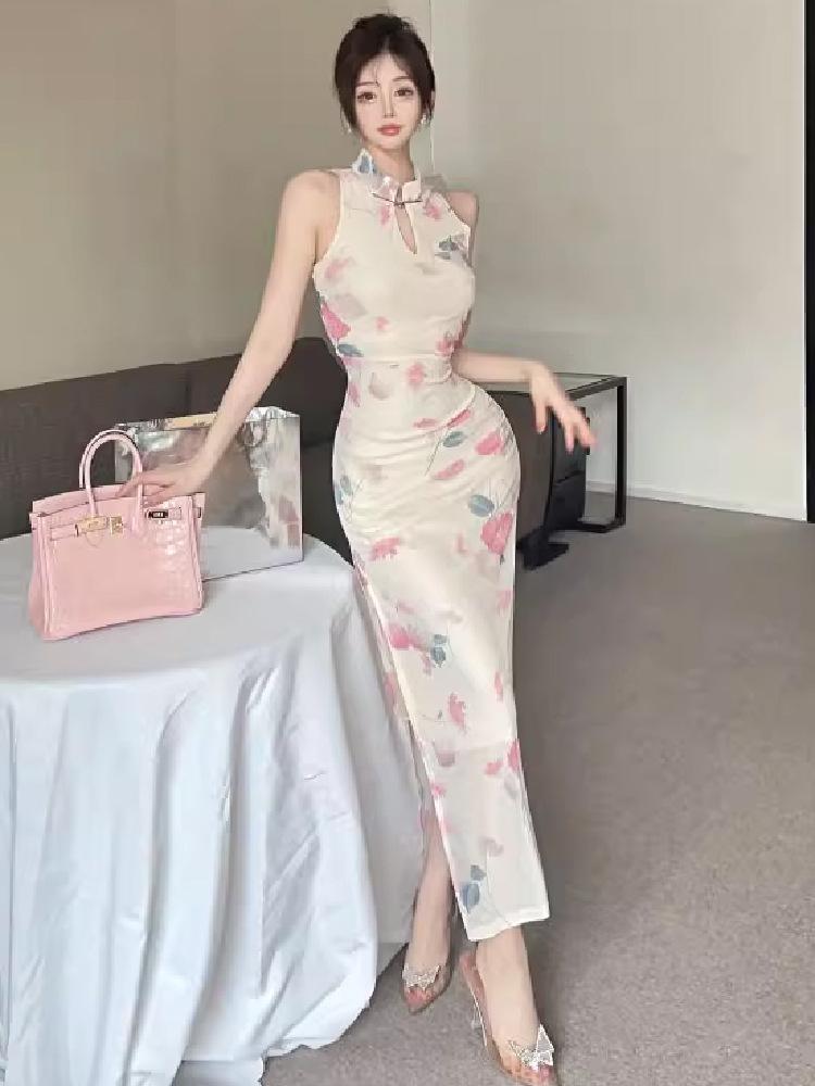 Daily young color off-the-shoulder improved cheongsam Chinese national style slim-fitting split-ends and thin hip-wrapped long dress