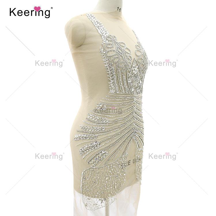 WDP- 387 Sew on Patch Rhinestones Handmade Beaded Shiny Silver Gold Crystal Beaded Rhinestone Bodice Applique for Dress 61*80CM