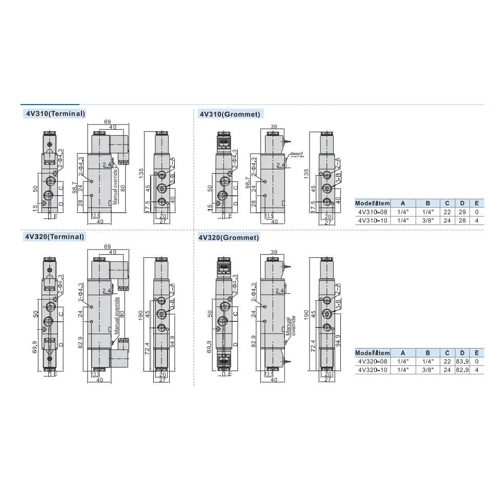 AIRTAC Pneumatic 3/8" Solenoid Valve 4V310-10/08 Single Coil Pilot-Operated Electric 5/2,5/3 5 Way 2 Position 1/2"  4V410-15