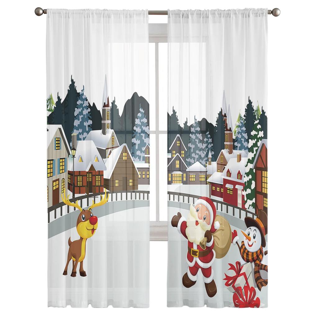 Christmas House Santa Claus Snowman Elk Sheer Voile Curtains Living Room Bedroom Window Drapes Balcony Screen Tulle Curtains