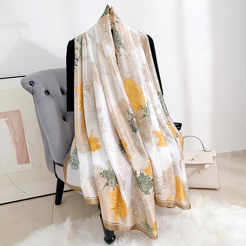 Small fresh design Korean print new silk satin temperament long scarf women's office shawl travel photo decorative scarf