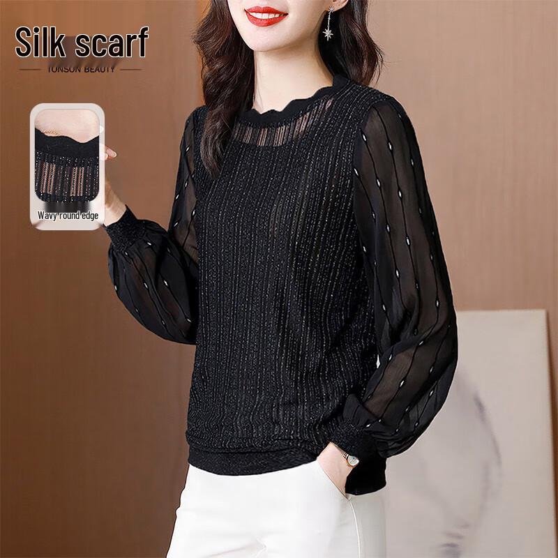 Women s Elegant Mesh Spliced Long Sleeve Top M