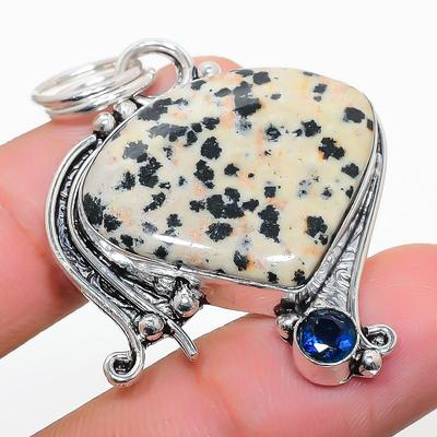Natural Dalmation Jasper, Blue Topaz 925 Sterling Silver Pendant 1.89" r3V96