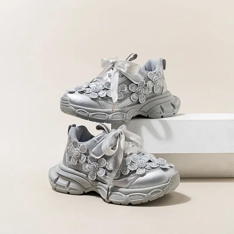 Fashion Lace Flower Girls' Casual Sports Shoes 2024 Autumn New Children's Soft Soled Running Shoes Kids Sneakers