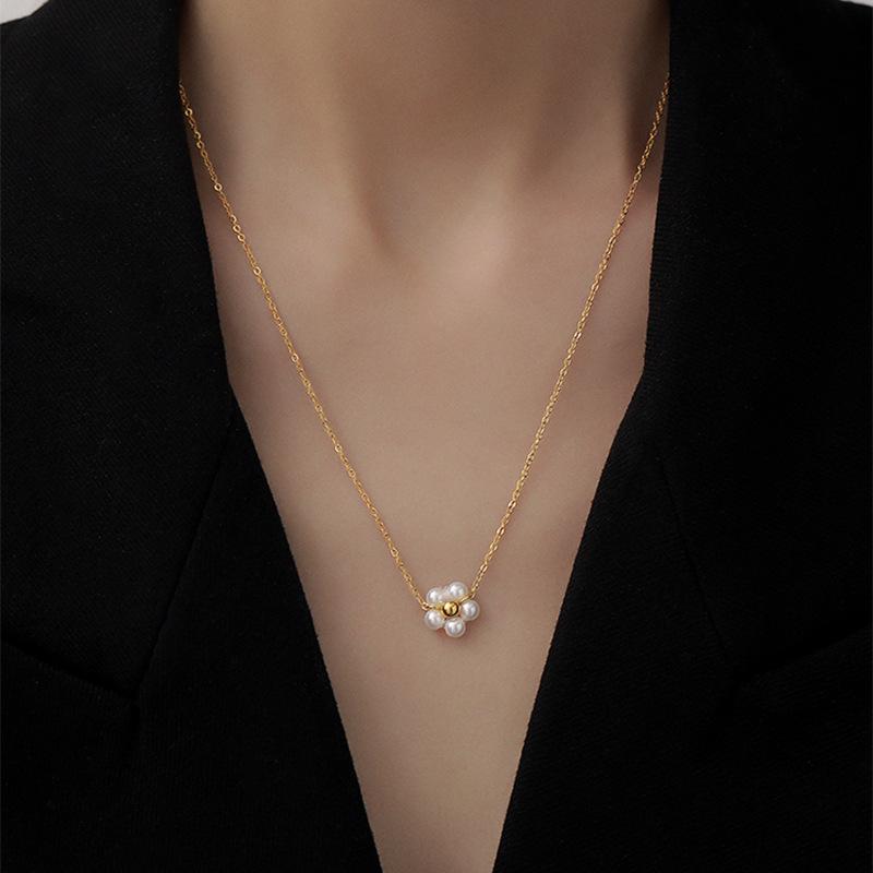 316L Stainless Steel Handmade Pearl Flower Pendant Necklace Women's Elegant Daisy Wedding Bridesmaid  Accessories