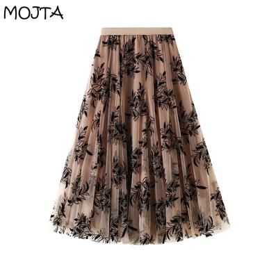 Flocking Printed Gauze Φούστα Γυναικεία Φούστα Φθινόπωρο Μεσαίου μήκους A Line Φούστα Μεγάλη Φούστα με φλοράλ Διχτυωτό Μακρύ Φούστα