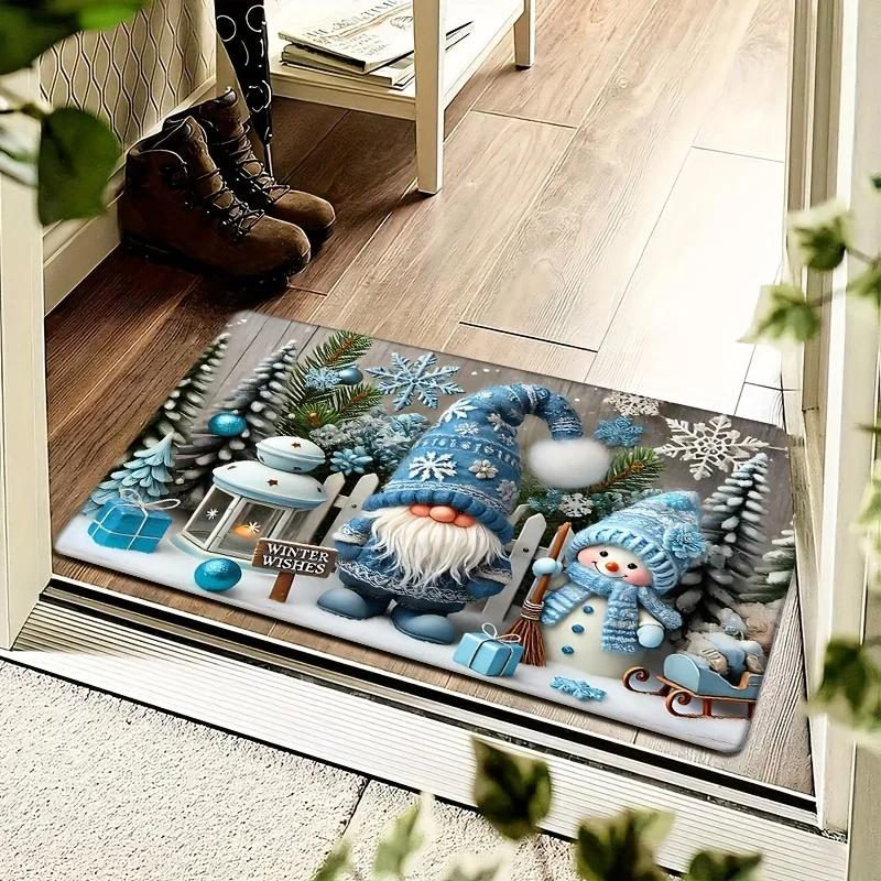 Christmas Gnome Blue Decorative Rug Living Room, Bedroom & Entrance Door Mat Non-Slip, Stain-Resistant Home Decor Rug
