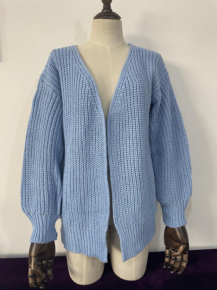 2025 Women's Plus Size Loose Knitwear Cardigan with Lantern Sleeves - Solid Color European and American Style Sweater.