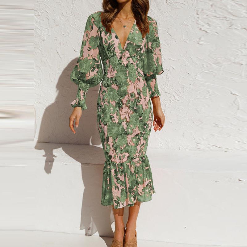 

2026 Spring Women s Elegant Sexy V-neck Mermaid Dress with Waist-cinching and Hip-hugging Design 2XL зелений