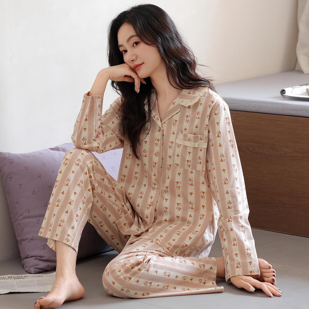 Pajamas women's spring and autumn pure cotton long-sleeved high-end elegant mother large-size loungewear autumn and winter plaid noble suit