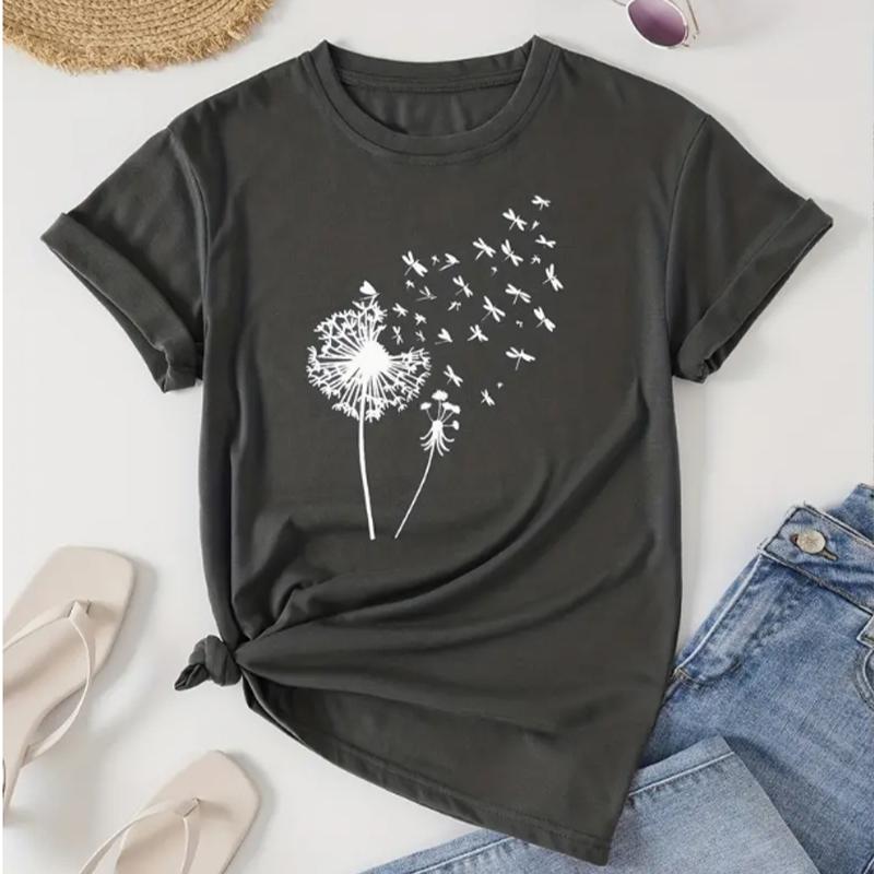 T-shirt à col rond imprimé pissenlit, T-shirt décontracté à manches courtes pour le printemps et l'été, Vêtements pour femmes