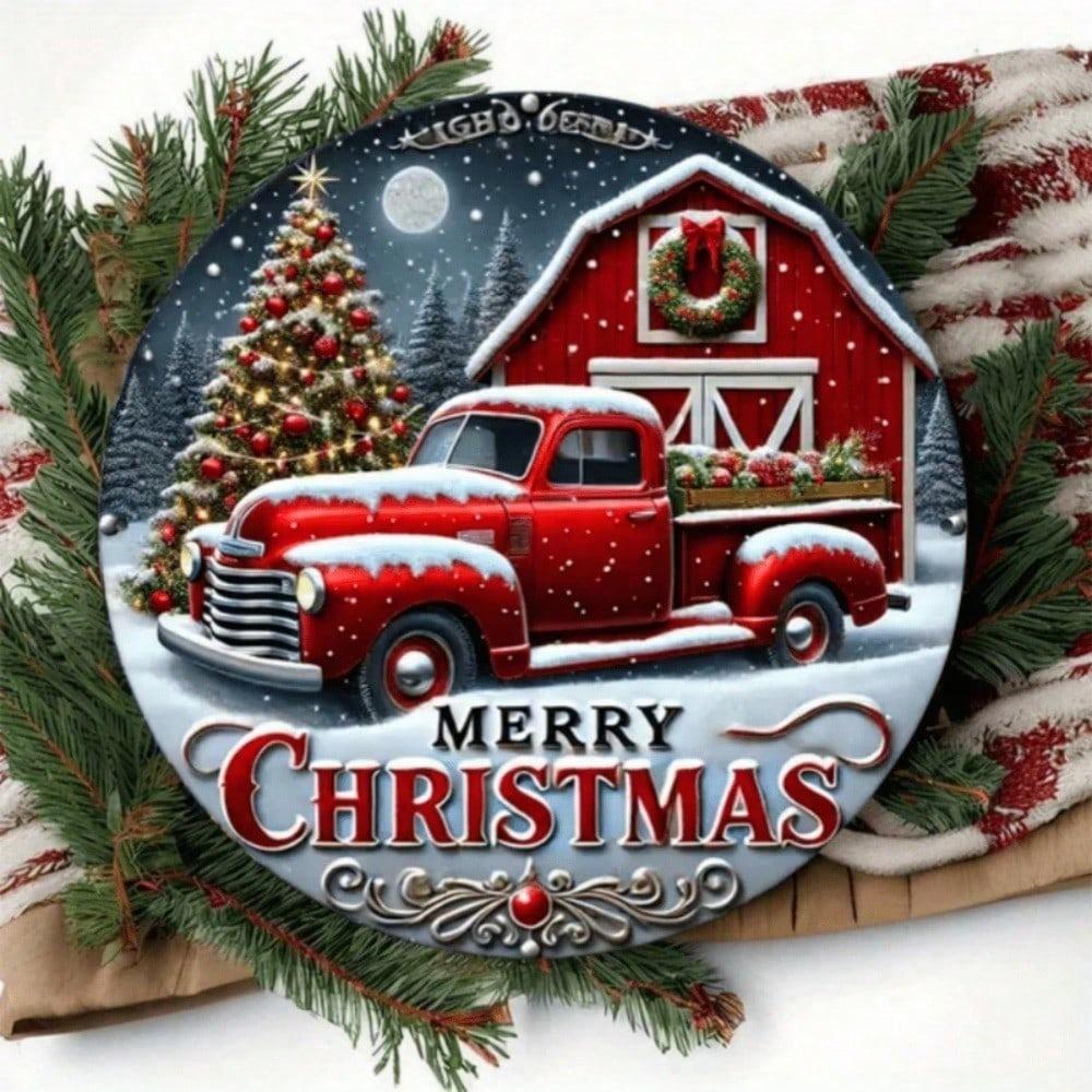Vintage Red Truck Metal Christmas Wall Sign 8 Inch Round Waterproof Holiday Home Decor Hanging Plaque