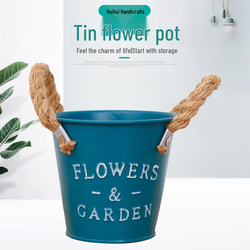 Nordic Style Colorful Tin Flower Pot with Hemp Rope: Wrought Iron Succulent Planter & Desktop Storage Ornament
