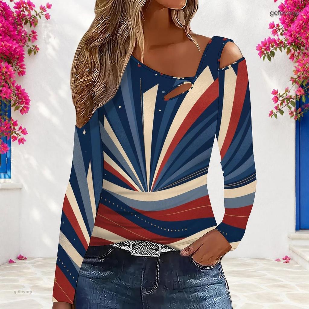 Women Plus Size Beige Red Navy Star Stripe Printed Asymmetric Cutout Cold Shoulder Long Sleeve Fitted Top