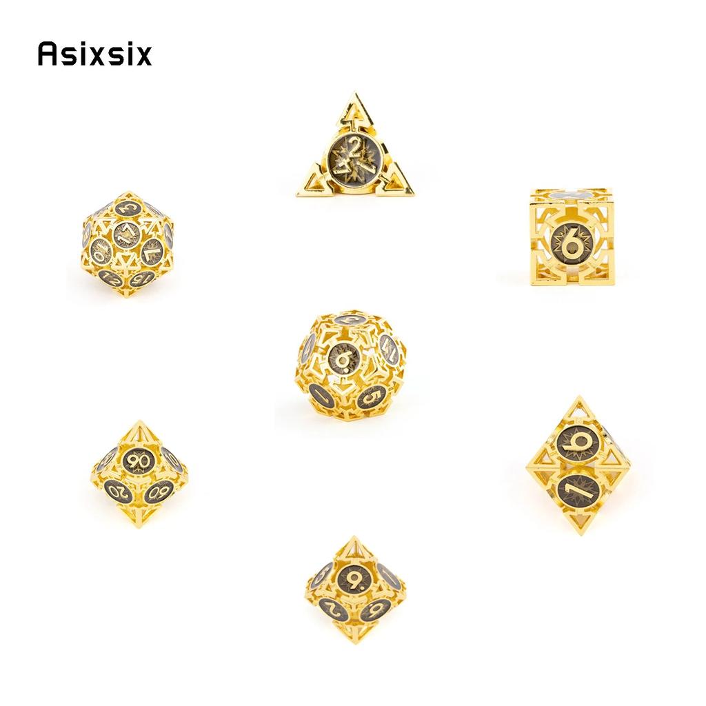 7-teiliges goldenes schwarzes Metallwürfel-Set mit kreisförmigen, hohlen Metallwürfeln, geeignet für Rollenspiele, RPG-Brettspiele, Kartenspiele