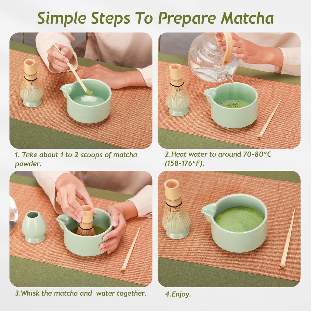 DiDiBirDi Matcha Tea Whisk Set, Bamboo Tea Whisk, Traditional Spoon, and Ceramic Tea Stand (Green)