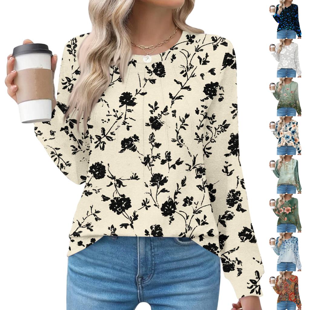 Women's Fashionable Casual Floral Retro Print Pleated Comfortable Round Neck Loose Long Sleeve T-shirt Top