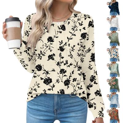 Women's Fashionable Casual Floral Retro Print Pleated Comfortable Round Neck Loose Long Sleeve T-shirt Top