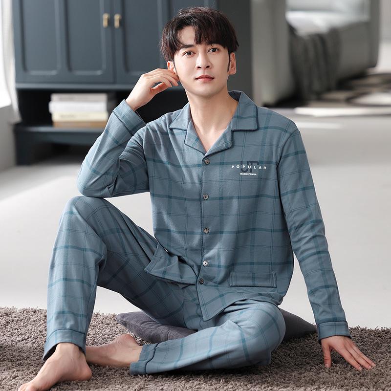 Herren Herbst/Winter Baumwoll-Pyjama-Set - Gestreiftes Karomuster Strickjacke & Langarm Zweiteiler