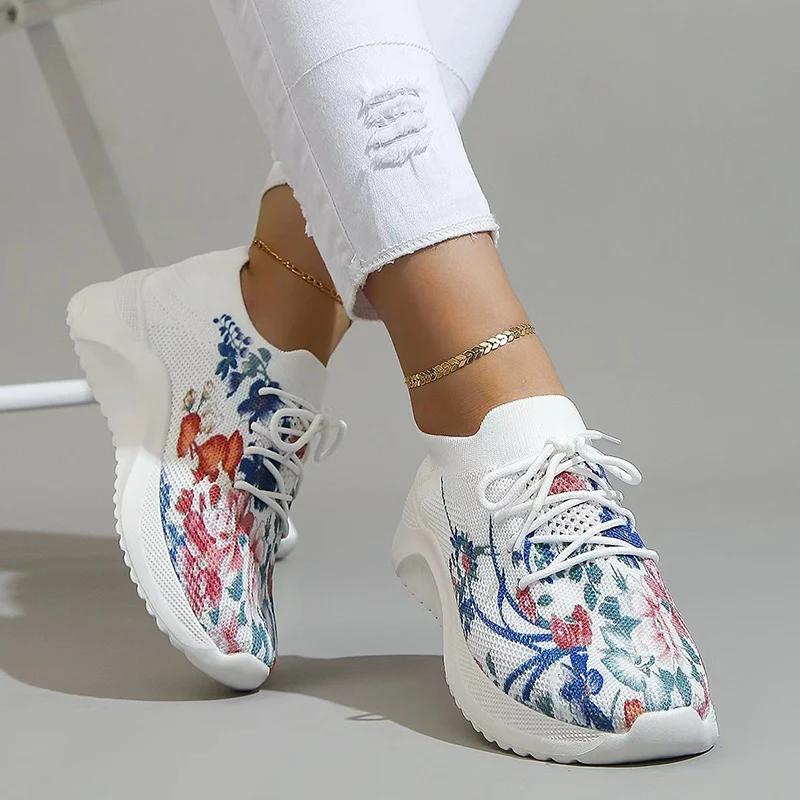 Fashion Fashion Floral Printed Knit Sneakers for Women Mesh Breathable Casual Sports Shoes Woman Comfort Slip On Flats Vulcanized Shoes